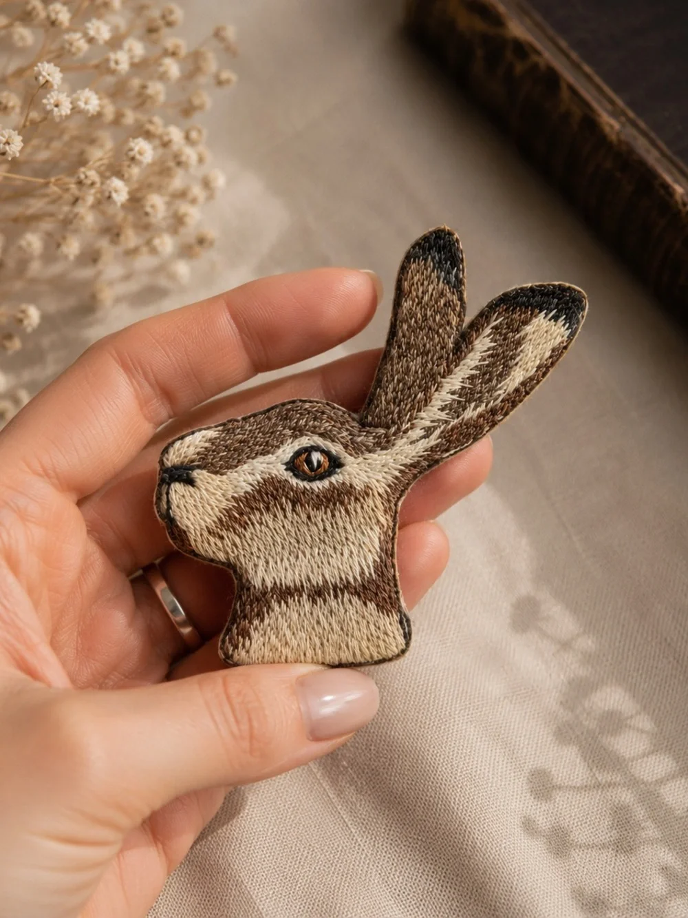 Handmade Embroidered Hare Brooch Woodland Artisan Pin
